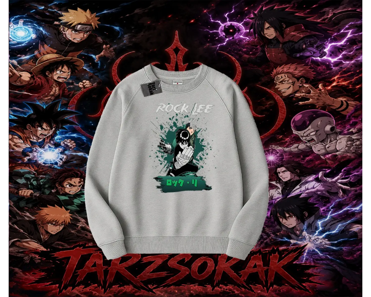 Rock Lee Naruto Anime Karakter Oversize Unisex Bisiklet Yaka Sweatshirt Beyaz