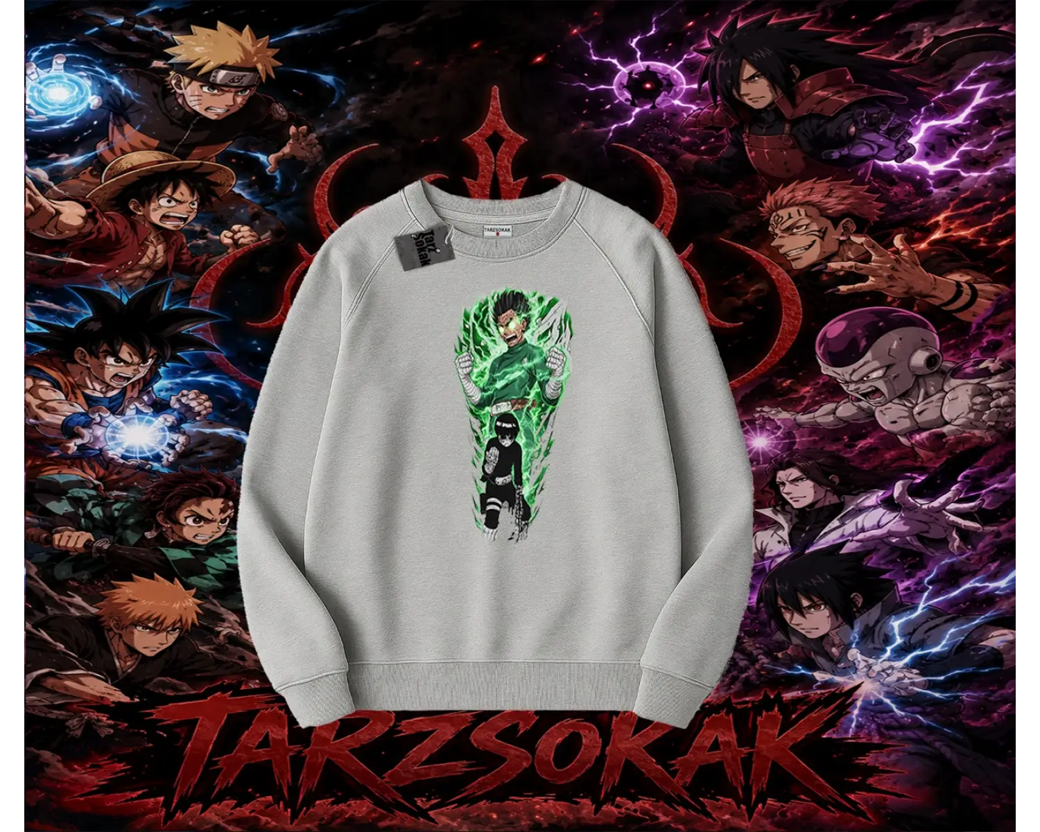 Rock Lee Naruto Anime Karakter Oversize Unisex Bisiklet Yaka Sweatshirt Beyaz