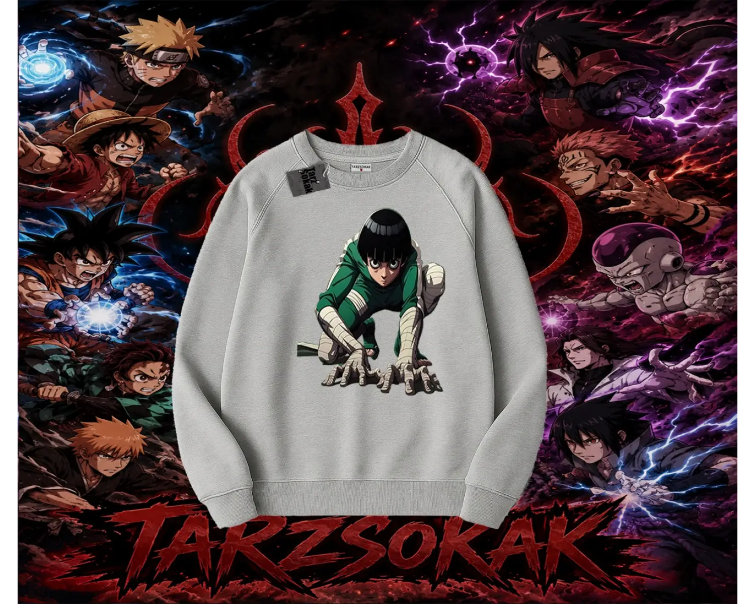 Rock Lee Naruto Anime Karakter Oversize Unisex Bisiklet Yaka Sweatshirt Beyaz