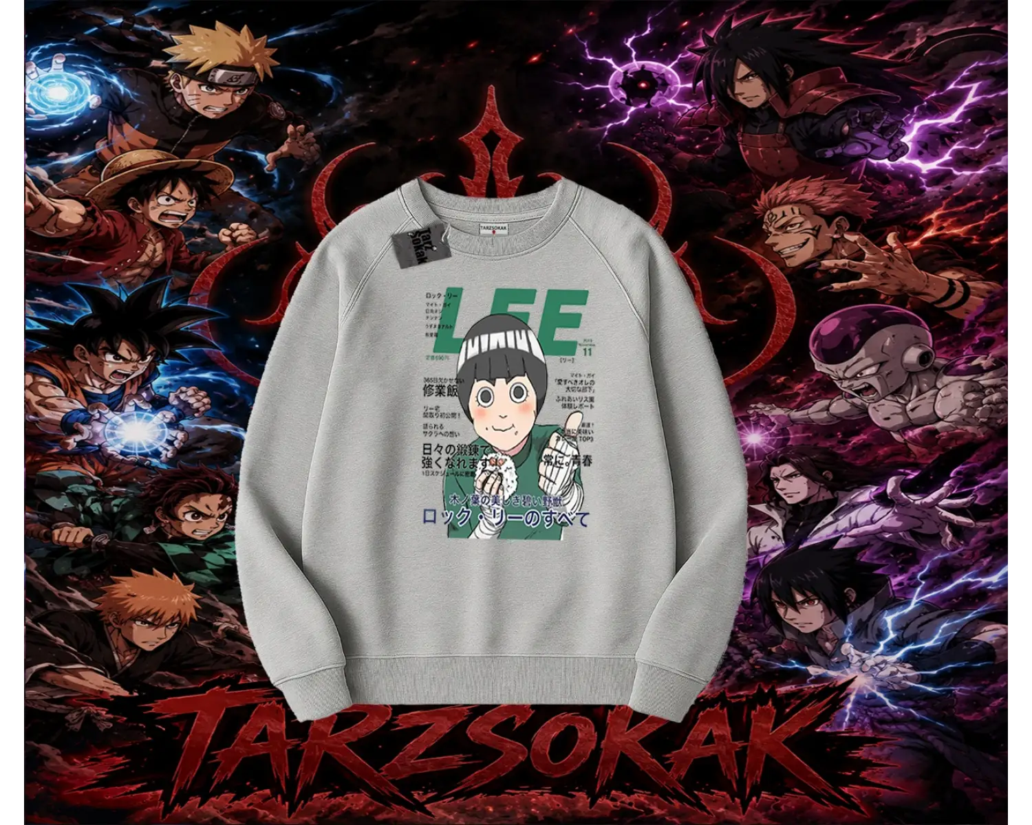 Rock Lee Naruto Anime Karakter Oversize Unisex Bisiklet Yaka Sweatshirt Beyaz