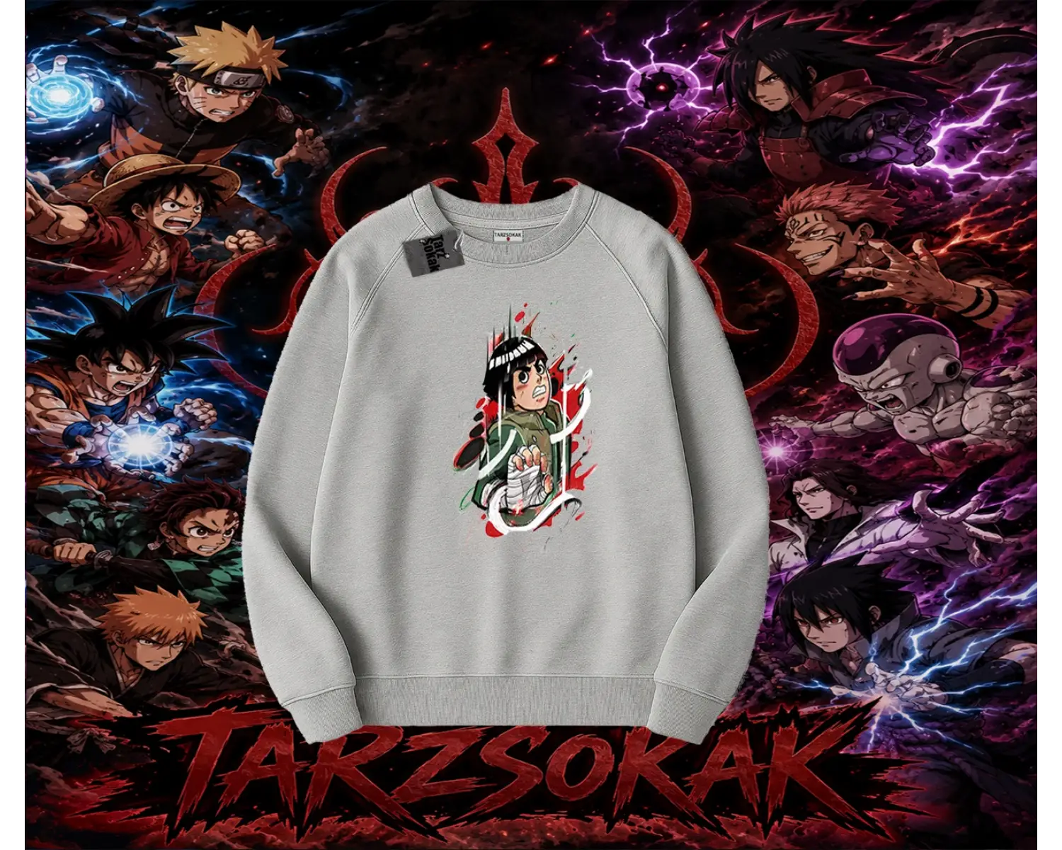Rock Lee Naruto Anime Karakter Oversize Unisex Bisiklet Yaka Sweatshirt Beyaz