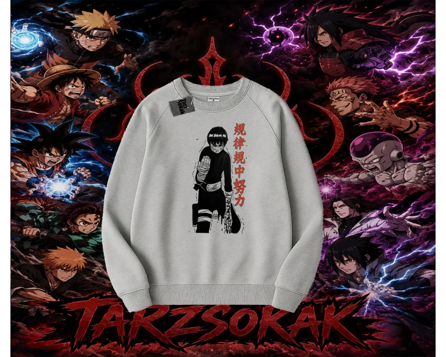 Rock Lee Naruto Anime Karakter Oversize Unisex Bisiklet Yaka Sweatshirt Beyaz
