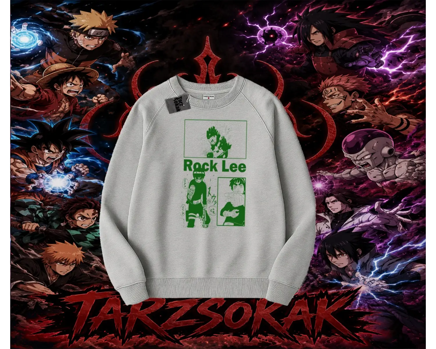 Rock Lee Naruto Anime Karakter Oversize Unisex Bisiklet Yaka Sweatshirt Beyaz