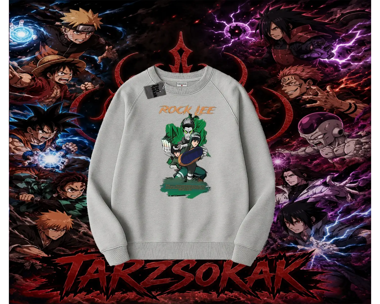 Rock Lee Naruto Anime Karakter Oversize Unisex Bisiklet Yaka Sweatshirt Beyaz