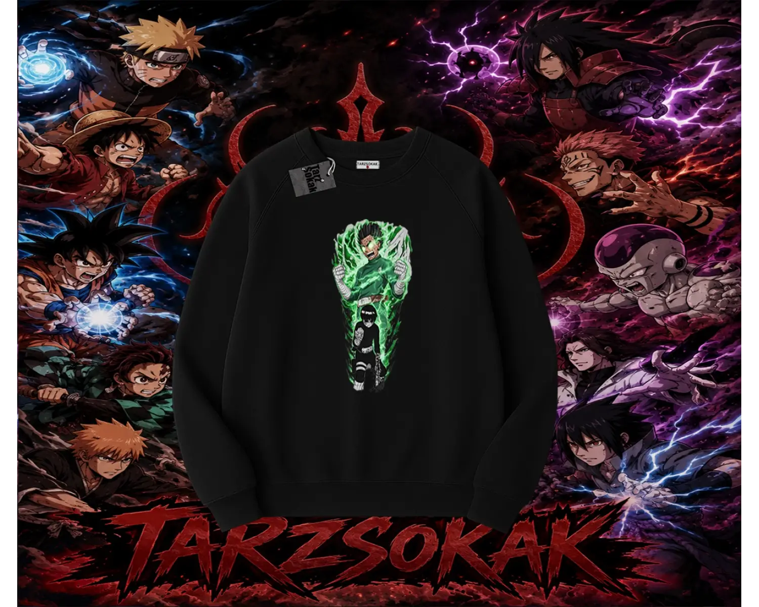 Rock Lee Naruto Anime Karakter Oversize Unisex Bisiklet Yaka Sweatshirt Beyaz