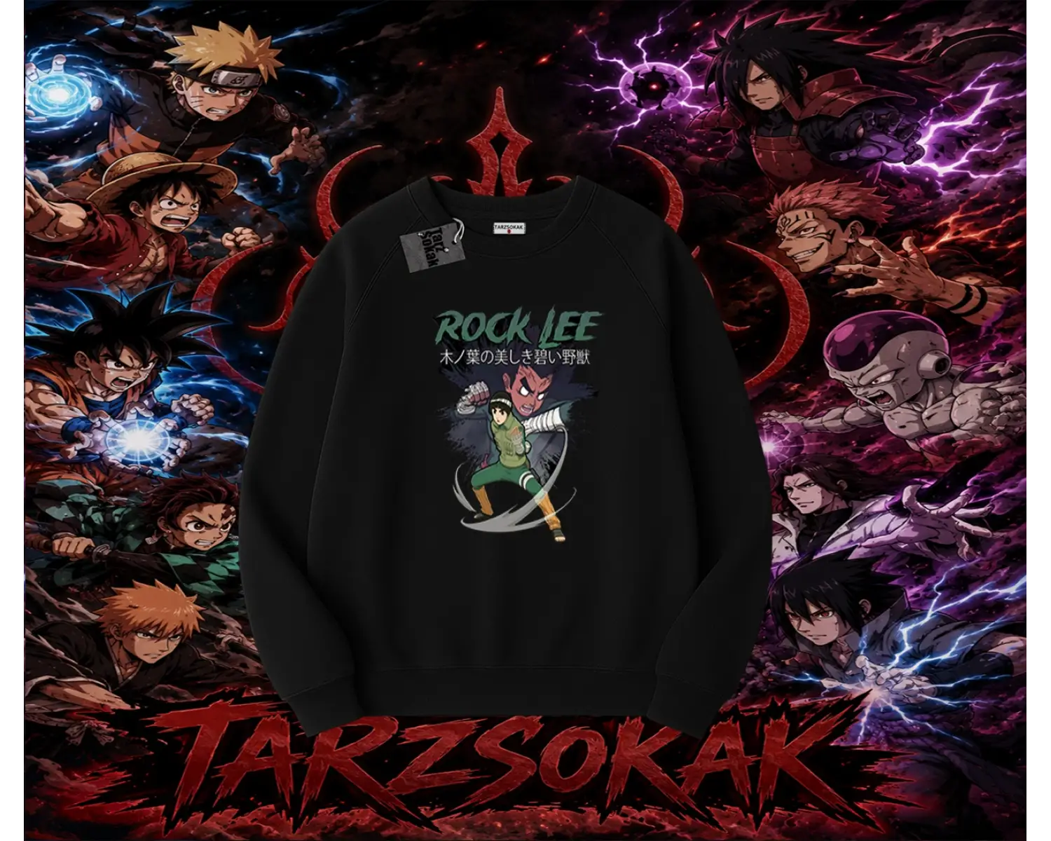Rock Lee Naruto Anime Karakter Oversize Unisex Bisiklet Yaka Sweatshirt Beyaz