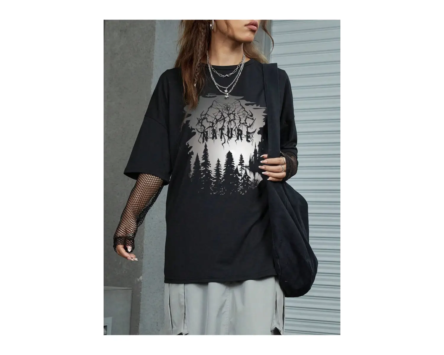 ROMWE Ağaç Desenli Düşük Omuz Tişört