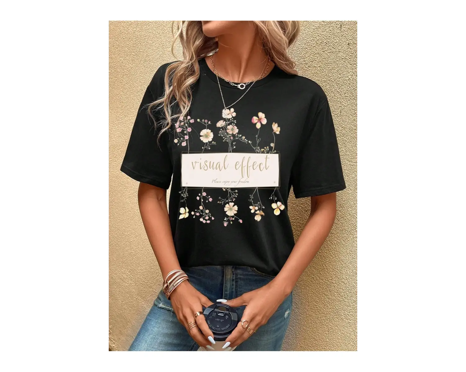 ROMWE Ağaç Desenli Düşük Omuz Tişört