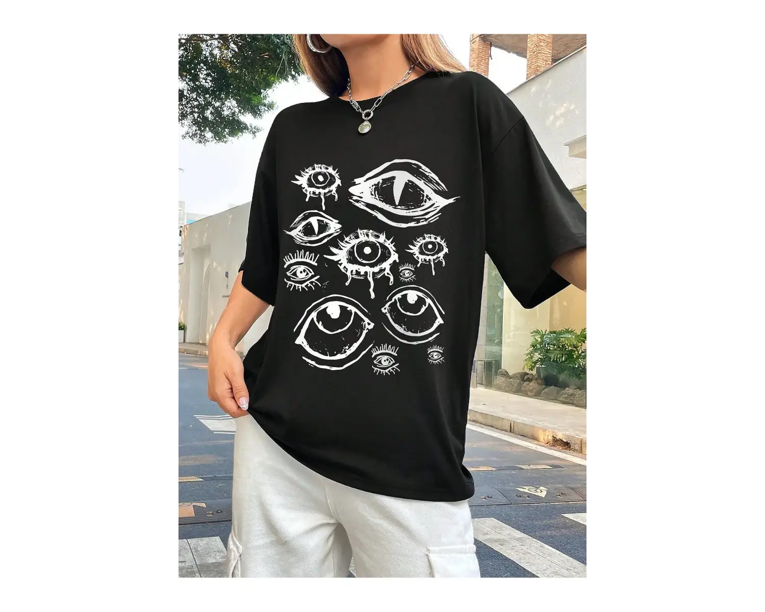 ROMWE Ağaç Desenli Düşük Omuz Tişört