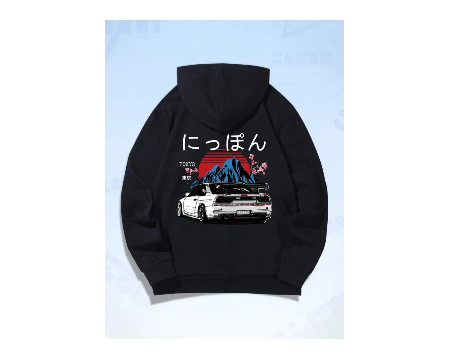 ROMWE Guys Car & Japanese Letter Graphic Drawstring Hoodie Siyah