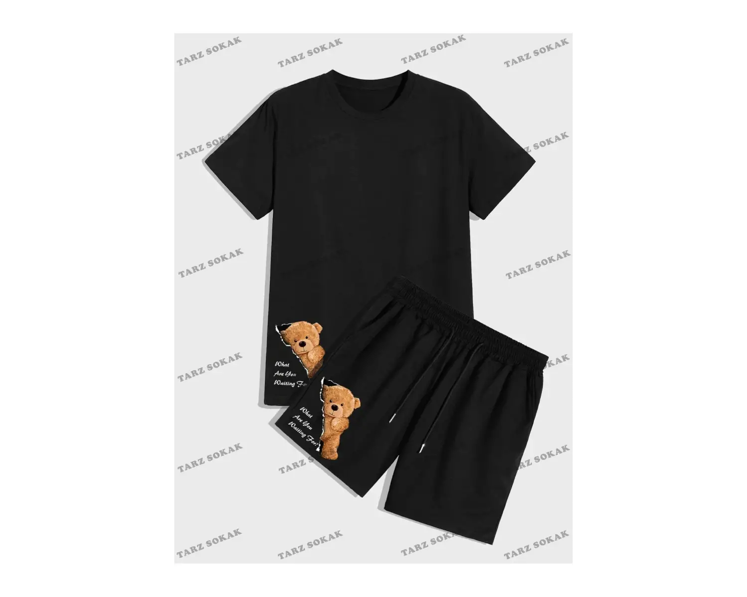 ROMWE Hazırlık Erkek Sloganı Karikatür Ayı Grafikli Tişört ve İpli Şort