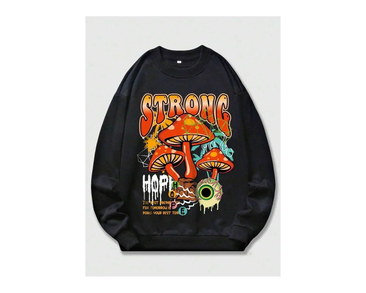 ROMWE Street Life Guys Mushroom And Slogan Graphic Sweatshirt Siyah