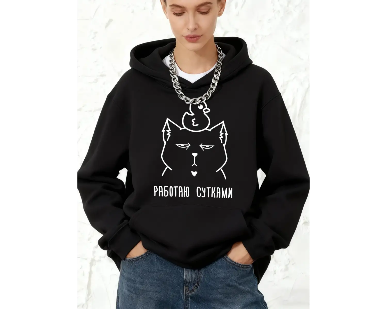 Rusça Yazılı Baskılı Kapüşonlu Sweatshirtler Pamuklu Kadın Eşofman Cepli Kazaklar Sportif Bol