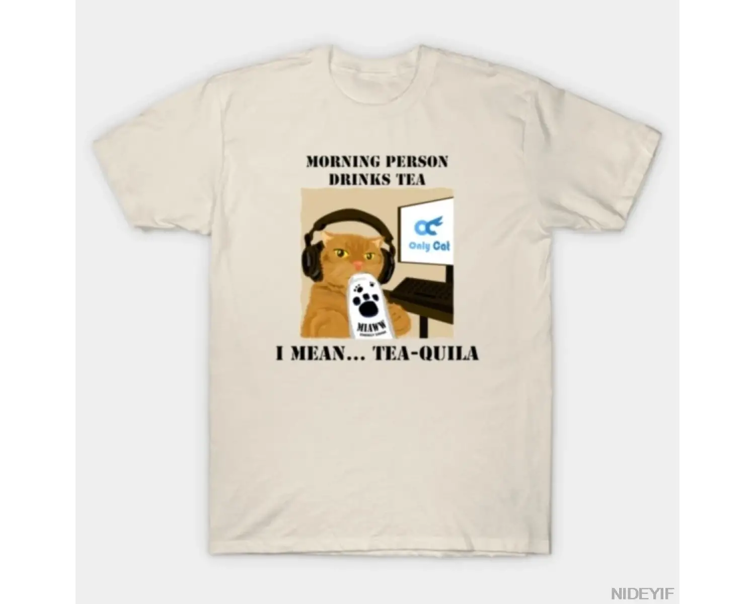 Sabah Kişisi Çay İçiyor, Rahat Kedi meme Teaquila Şaka Tişörtü Erkekler Kadınlar İçin %100 Pa