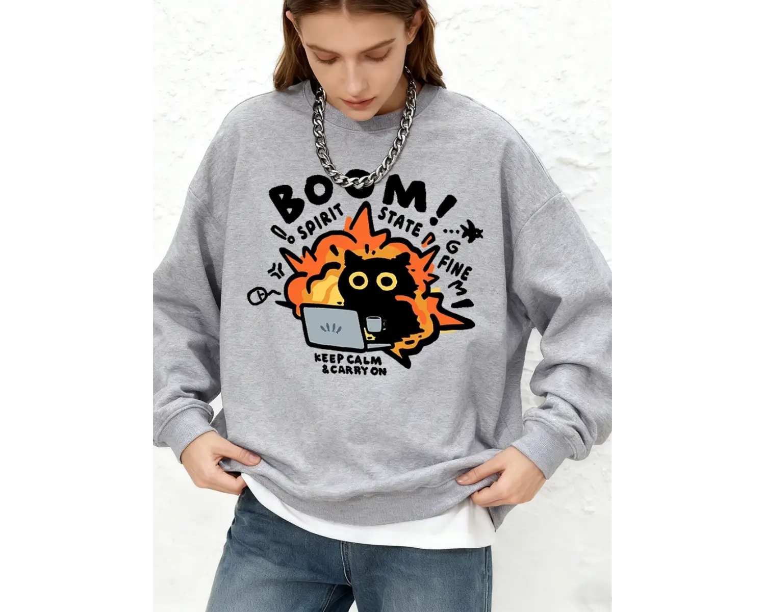 Sakin olun devam edin kedi baskı tişörtü bayan sonbahar büyük boy Jogger kapüşonlular temel u