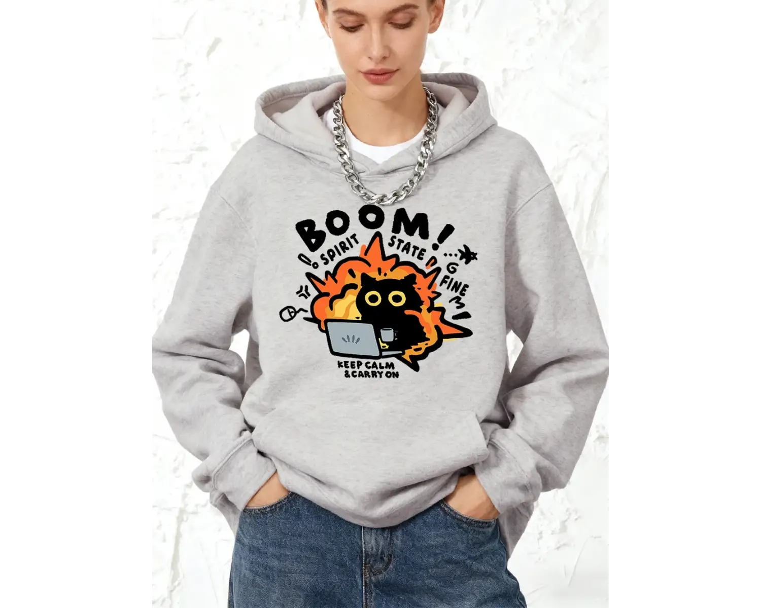 Sakin Olun Devam Edin Kedi Baskılı Pamuklu Kapüşonlu Üstler Kadınlar İçin Cepli Jogging Sweat