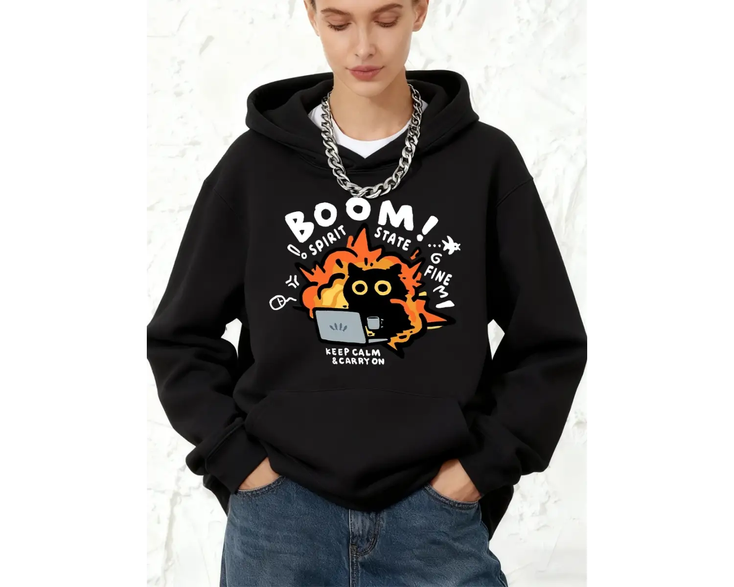 Sakin Olun Devam Edin Kedi Baskılı Pamuklu Kapüşonlu Üstler Kadınlar İçin Cepli Jogging Sweat