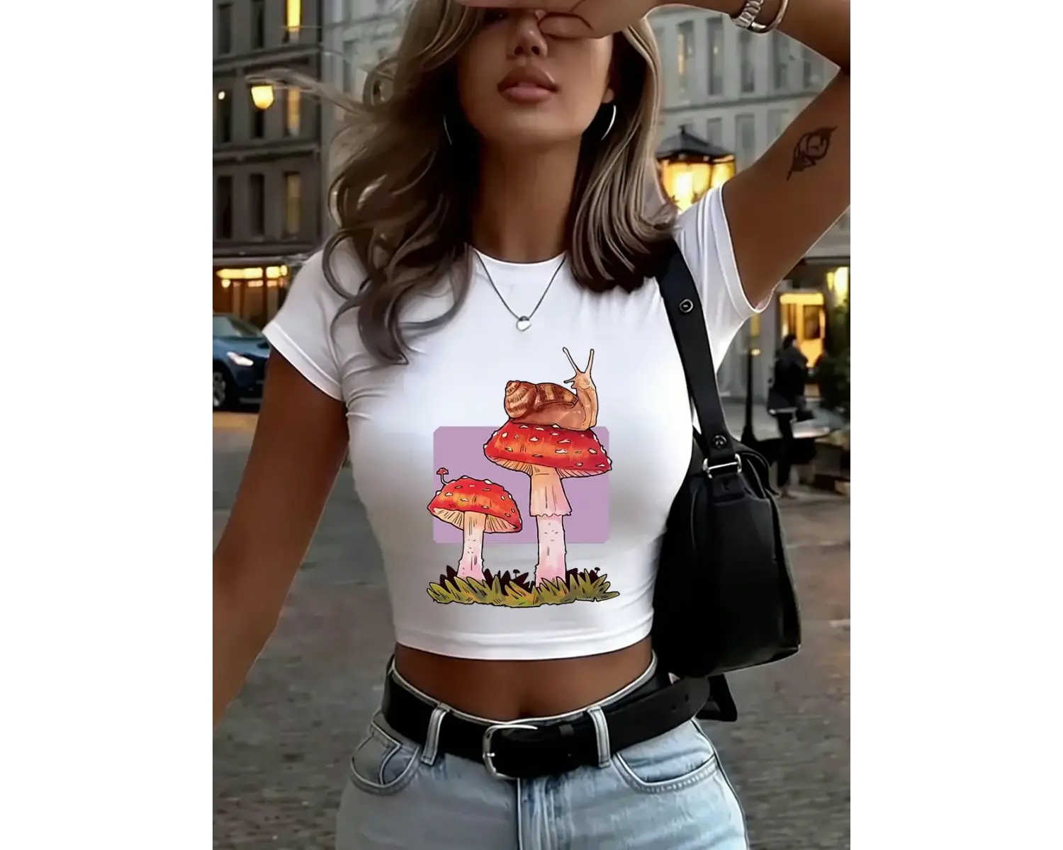 Salyangoz Mantar Baskı Bayan Babby TeeT-Shirt Yaz Yumuşak Yüksek Elastik Üstler O-Boyun Kısa Koll