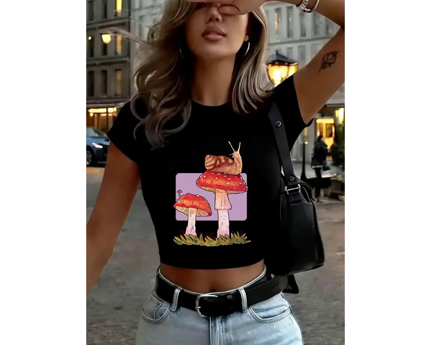 Salyangoz Mantar Baskı Bayan Babby TeeT-Shirt Yaz Yumuşak Yüksek Elastik Üstler O-Boyun Kısa Koll