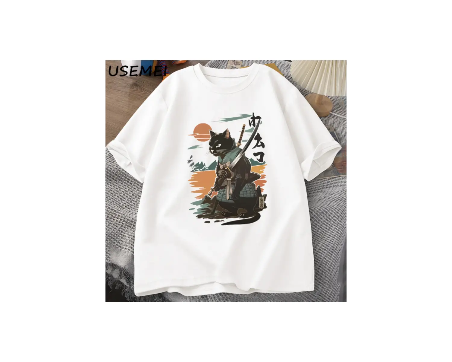 Samuray Kedi T-Shirt Japon Tarzı Kedi Tasarımcı Vintage Tshirt Casual Erkek Grafik T Shirt Pa 2902