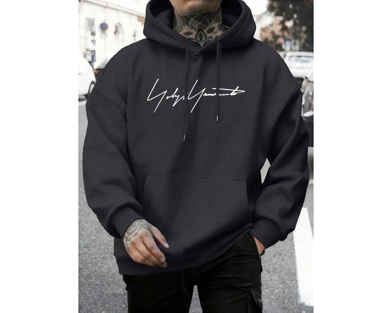 Sanatsal Yazı Desenli Kapüşonlu Üstler Erkekler Sonbahar Polar Yumuşak Uzun Kollu Yuvarlak Ya