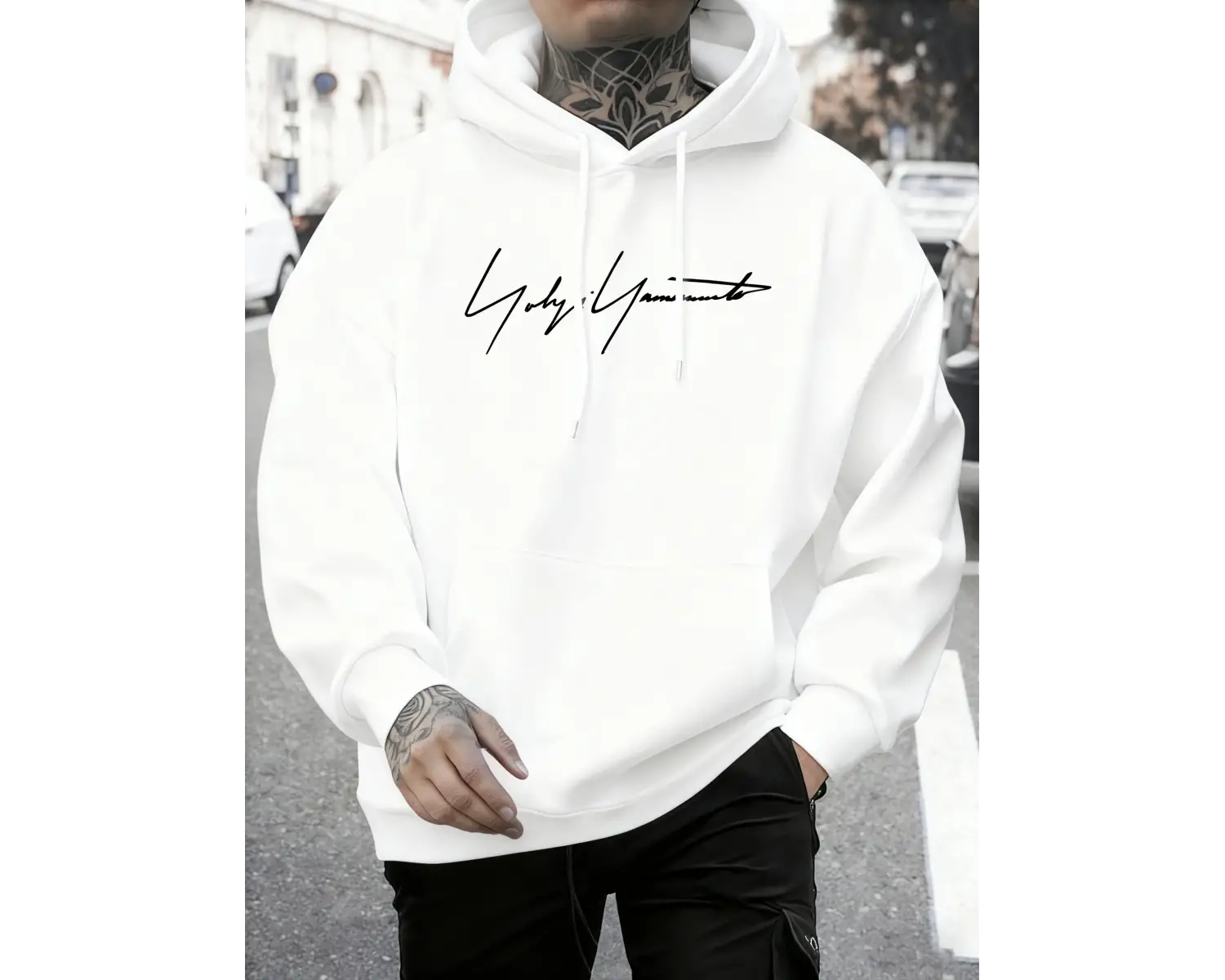 Sanatsal Yazı Desenli Kapüşonlu Üstler Erkekler Sonbahar Polar Yumuşak Uzun Kollu Yuvarlak Ya