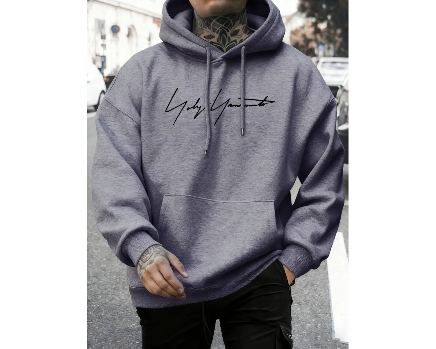 Sanatsal Yazı Desenli Kapüşonlu Üstler Erkekler Sonbahar Polar Yumuşak Uzun Kollu Yuvarlak Ya