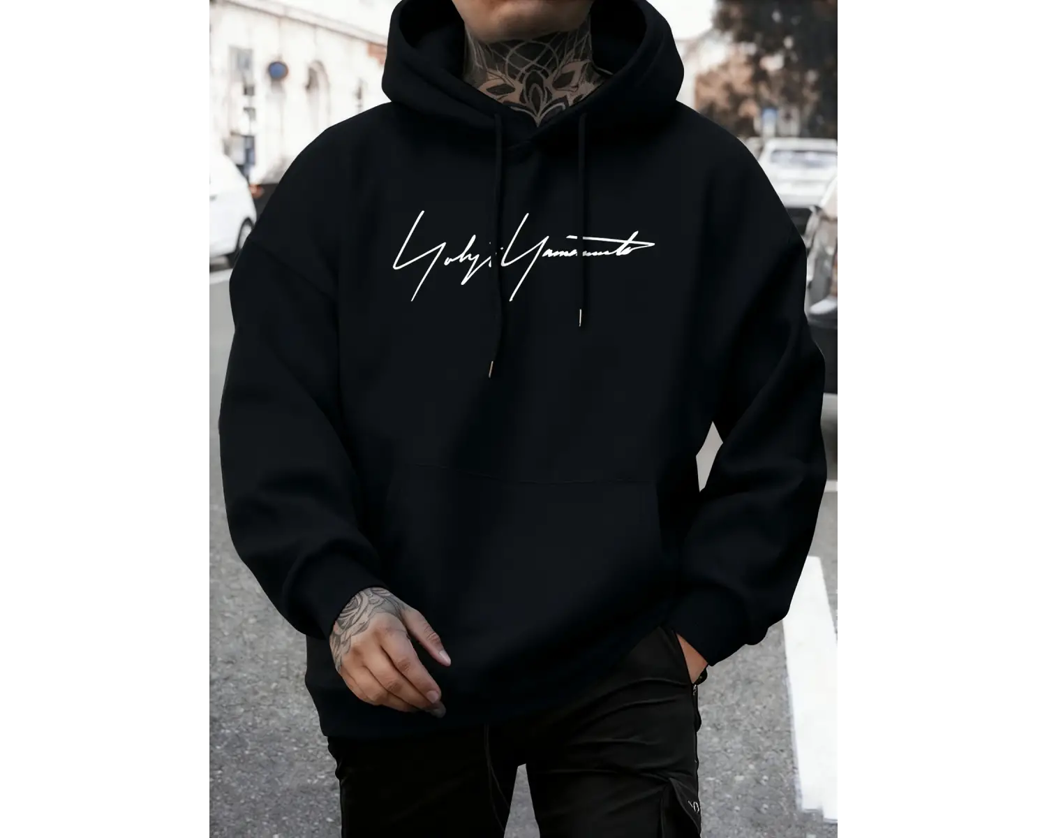 Sanatsal Yazı Desenli Kapüşonlu Üstler Erkekler Sonbahar Polar Yumuşak Uzun Kollu Yuvarlak Ya