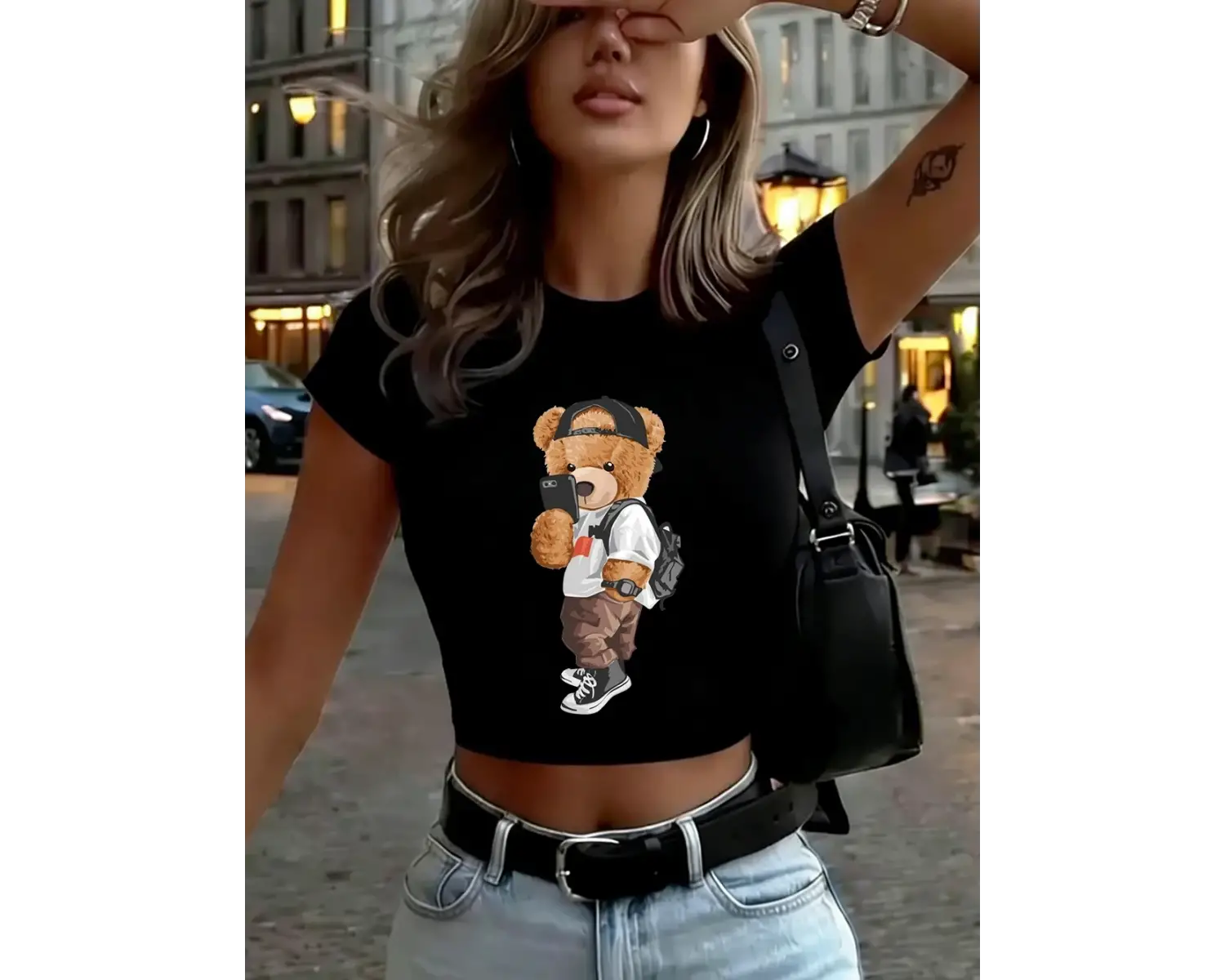 Şapkalı Havalı Ayı Selfie Baskılı Kadın Babby TeeTişörtleri Yazlık Yumuşak Yüksek Esnek Üstler Yu