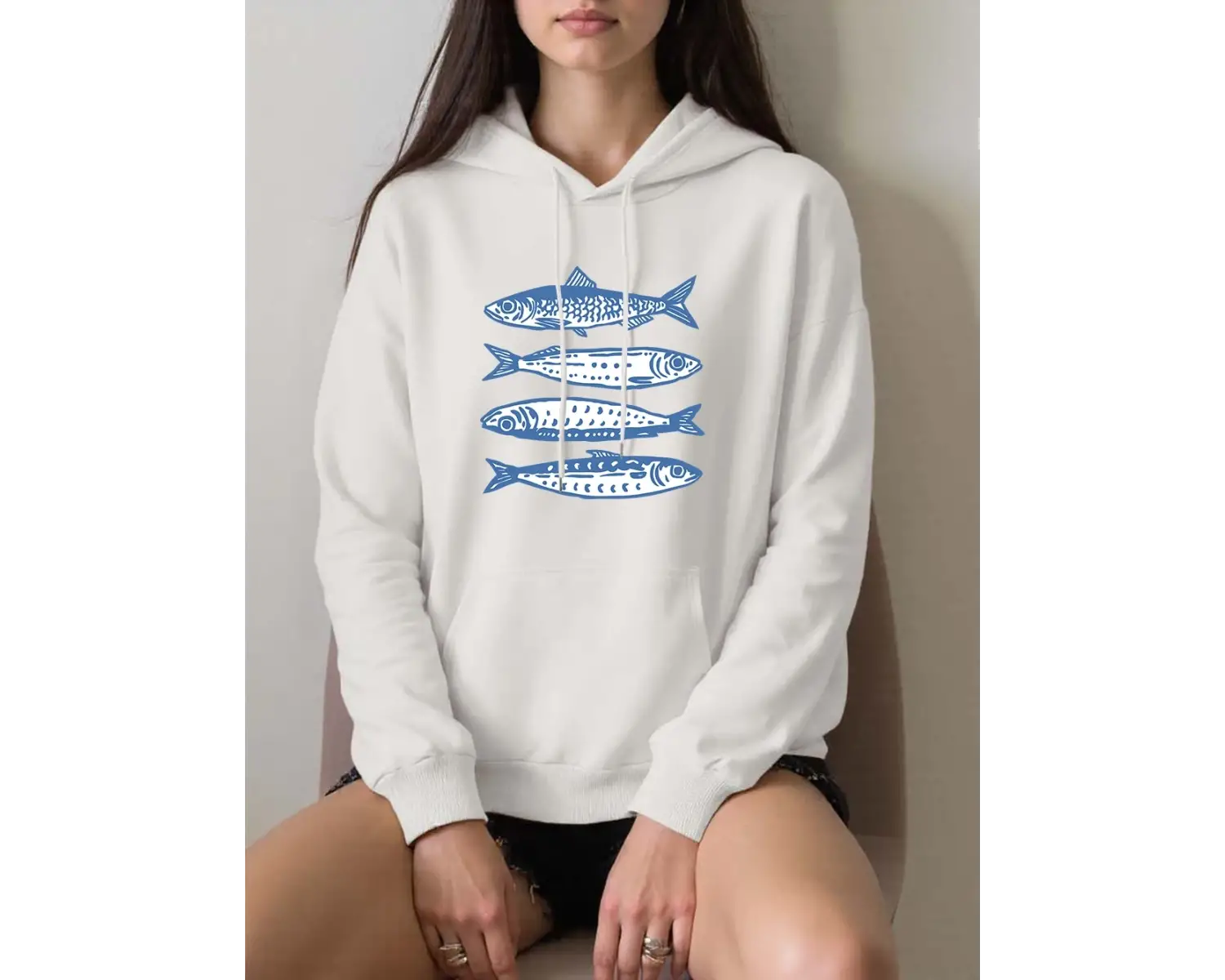 Sardalya Mavi Baskı Hoodies Kadın Rahat Gevşek Kazak Rahat Cep Kazak Sonbahar Kış Polar Sıcak