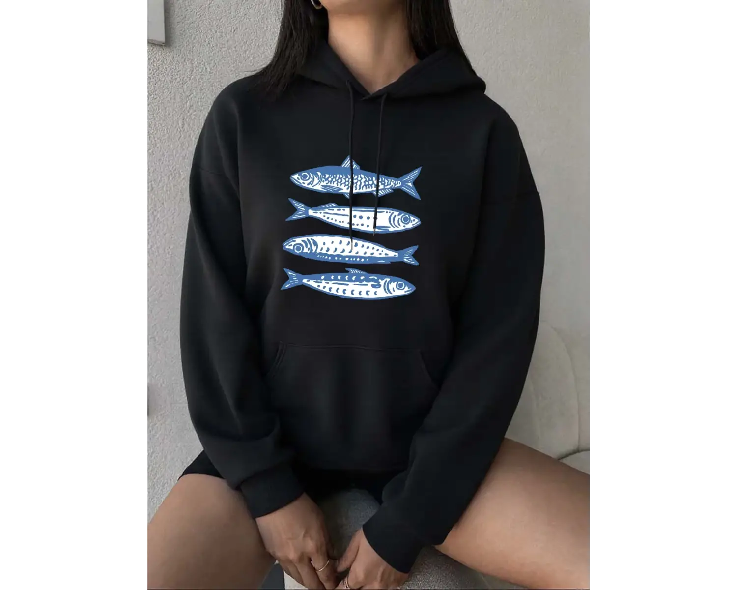 Sardalya Mavi Baskı Hoodies Kadın Rahat Gevşek Kazak Rahat Cep Kazak Sonbahar Kış Polar Sıcak