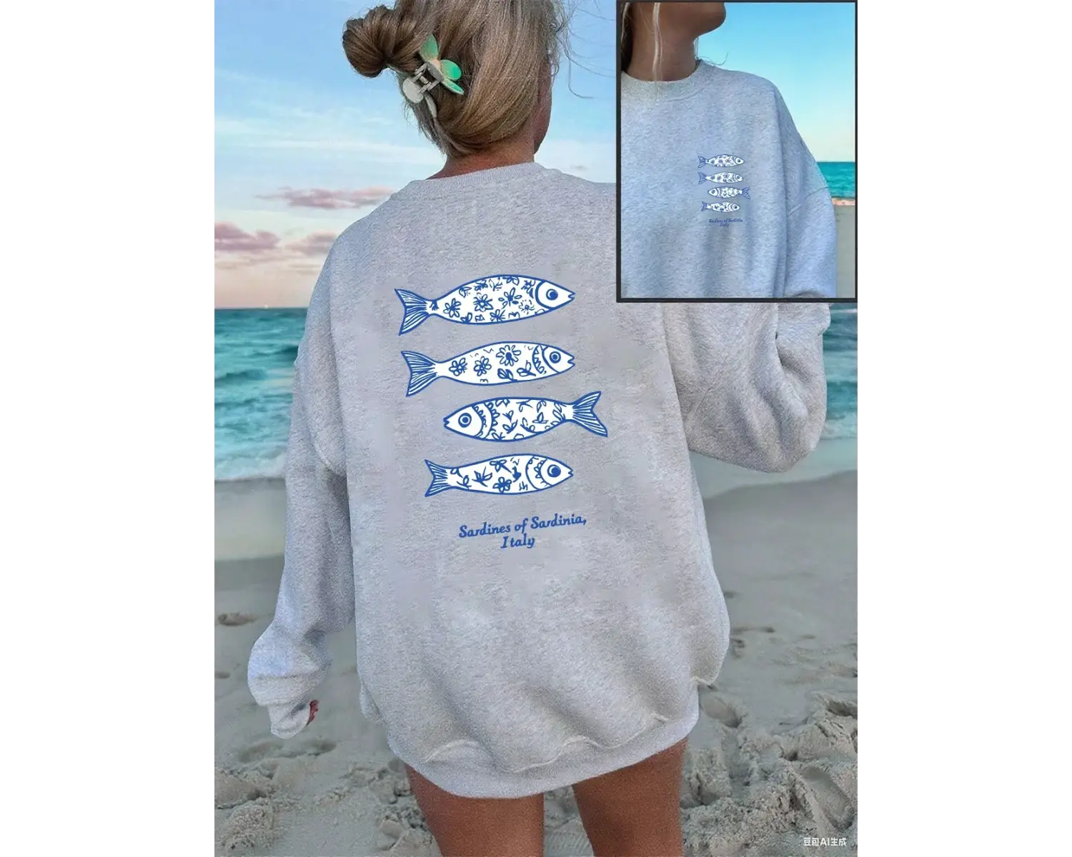 Sardunya İtalya Baskılı Süveter Kadın Kışlık Polar Sıcak Kapüşonlu Üstler Yuvarlak Yaka Bol Ü