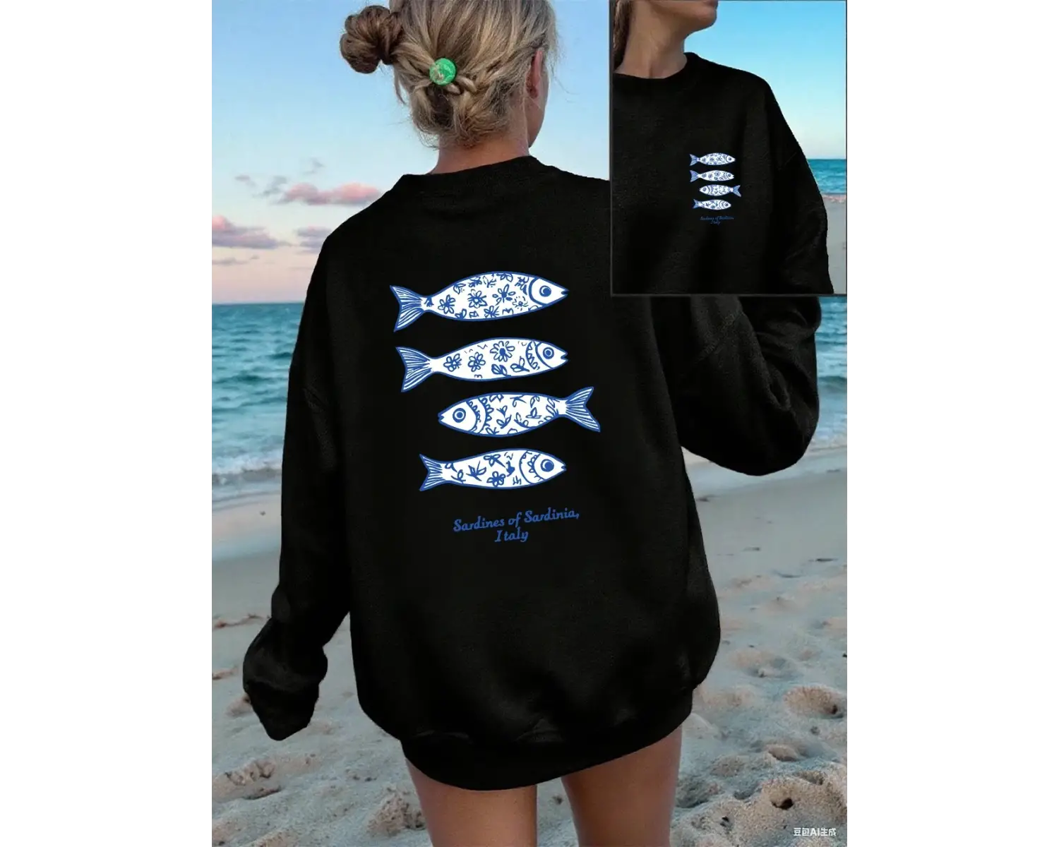 Sardunya İtalya Baskılı Süveter Kadın Kışlık Polar Sıcak Kapüşonlu Üstler Yuvarlak Yaka Bol Ü