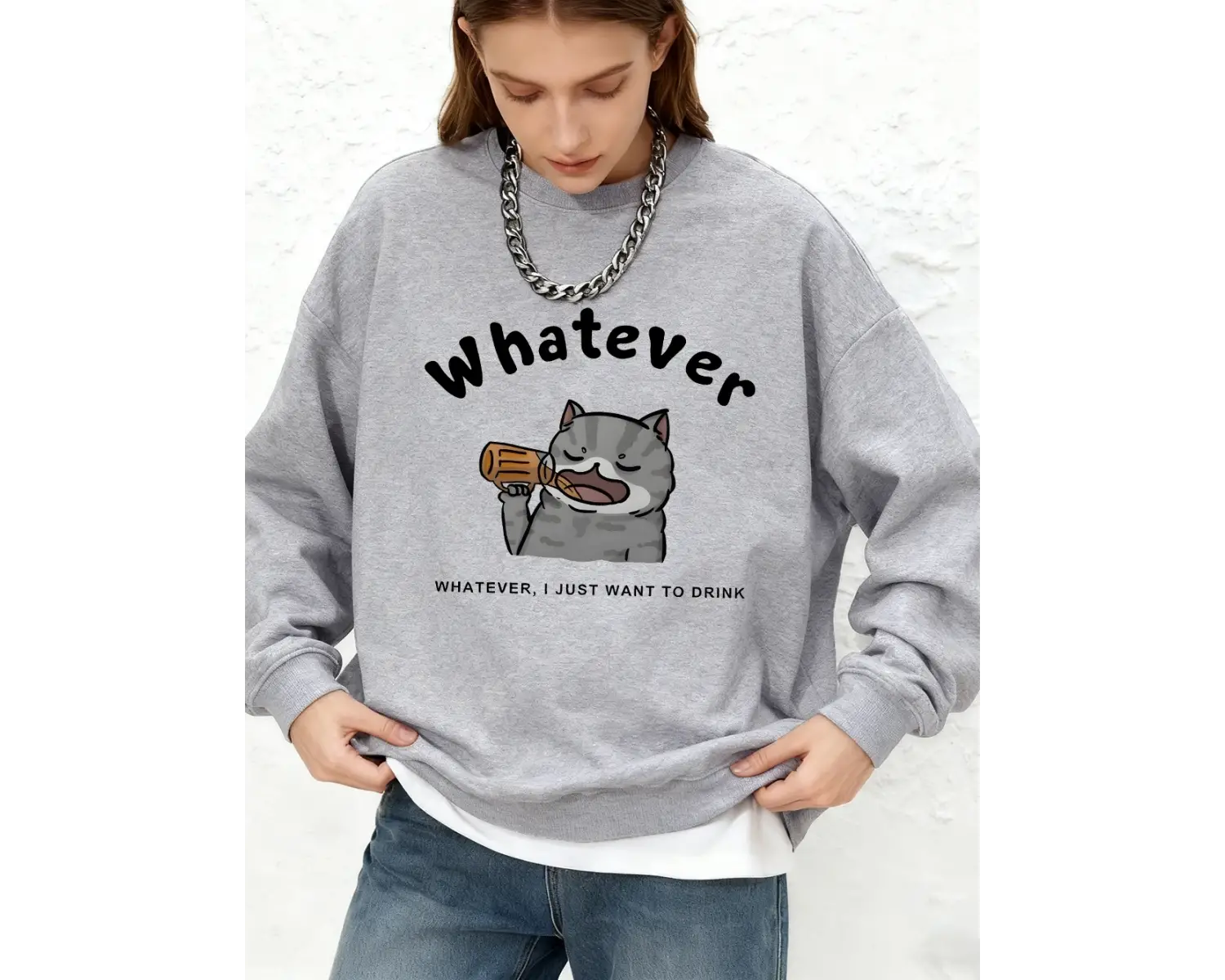 Sarhoş Kedi Karikatür Baskılı Tişörtü Bayan Sonbahar Sıcak Uzun Kollu Kapüşonlular Jogger O-B