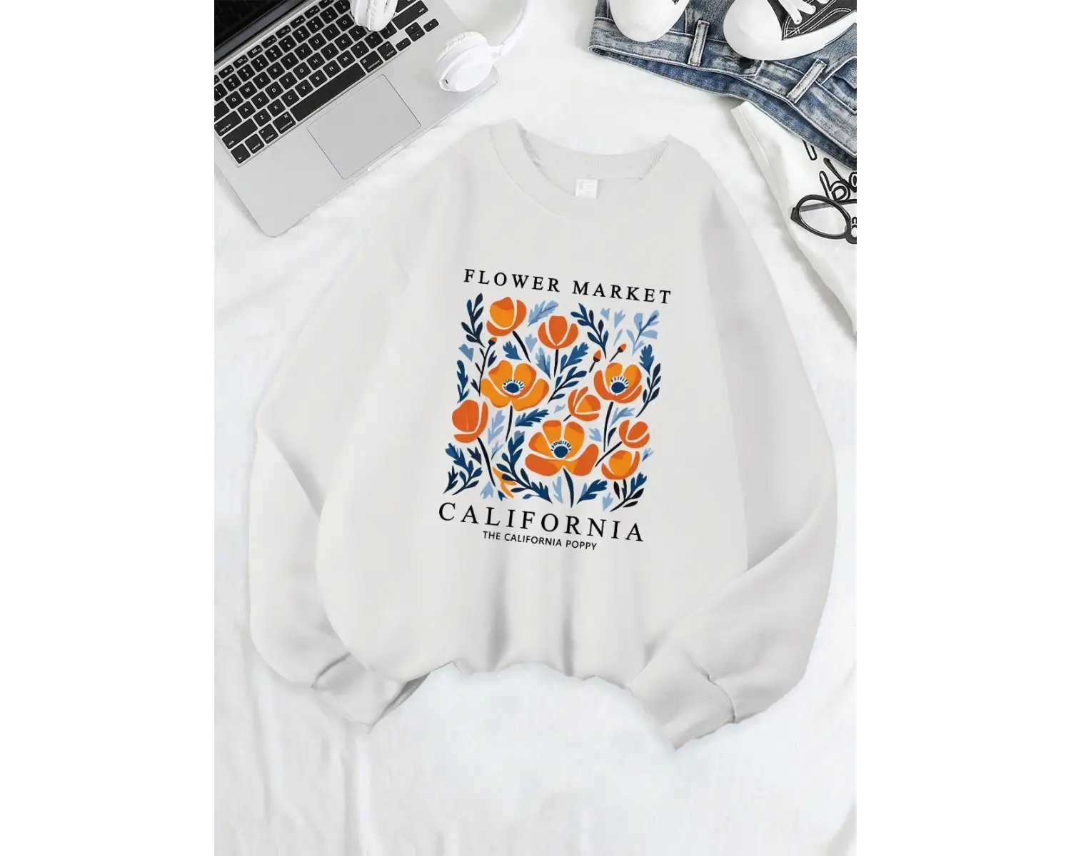 Sarı Çiçekler Pazarı California Baskılar Tişörtü Kadın Gevşek Sportif Hoodie Polar Sıcak sıfı