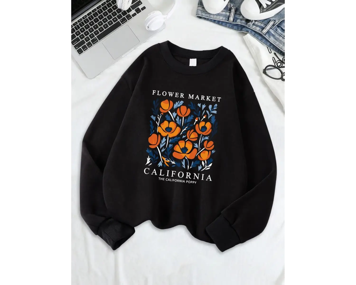 Sarı Çiçekler Pazarı California Baskılar Tişörtü Kadın Gevşek Sportif Hoodie Polar Sıcak sıfı