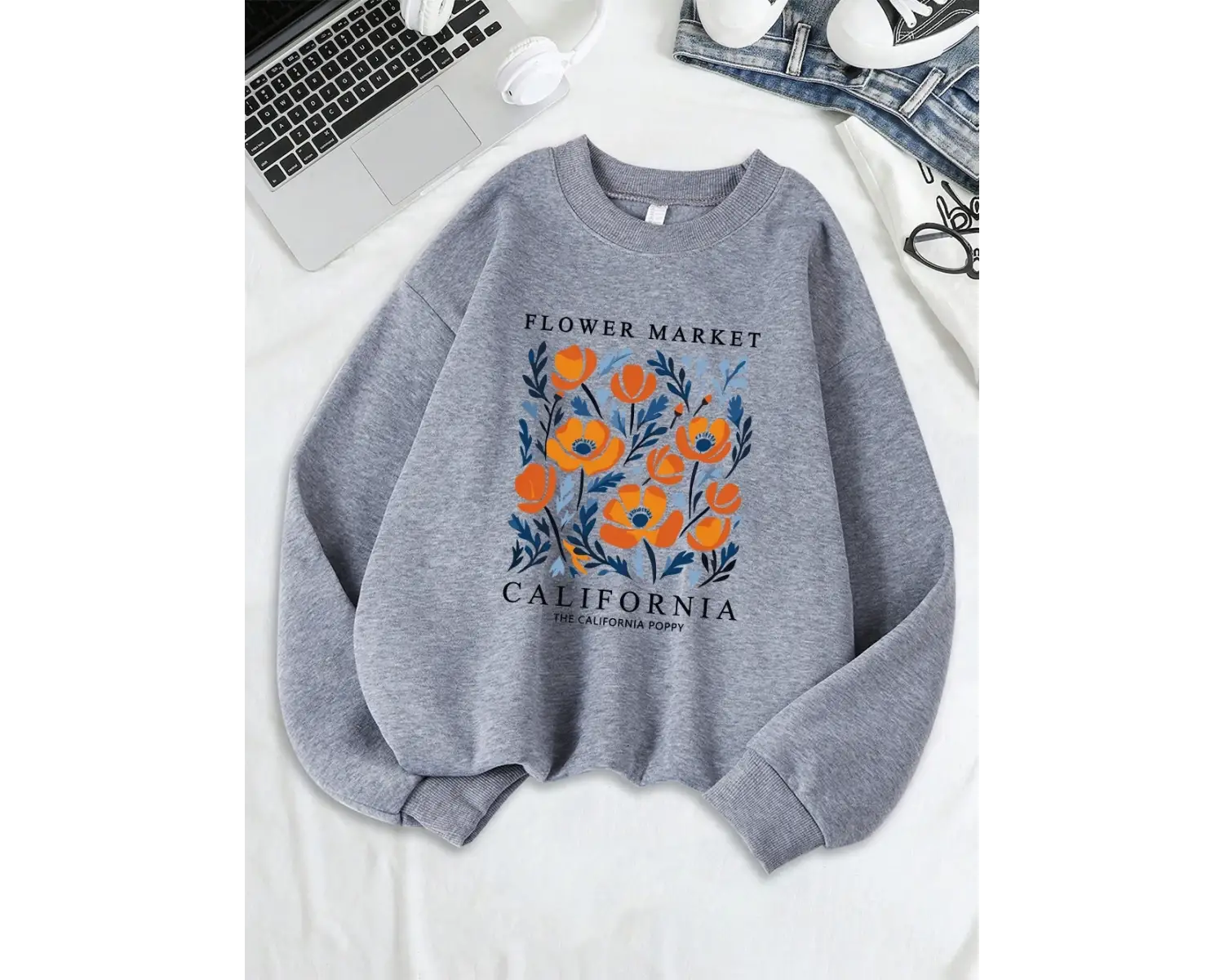 Sarı Çiçekler Pazarı California Baskılar Tişörtü Kadın Gevşek Sportif Hoodie Polar Sıcak sıfı