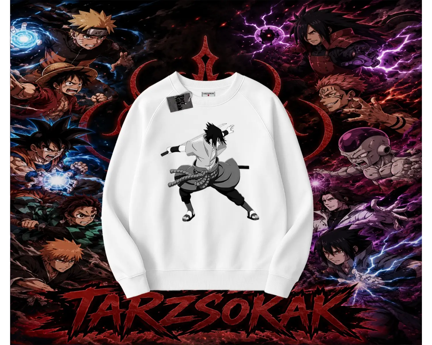 Sasuke uchiha Naruto Anime Karakter Oversize Unisex Bisiklet Yaka Sweatshirt Beyaz