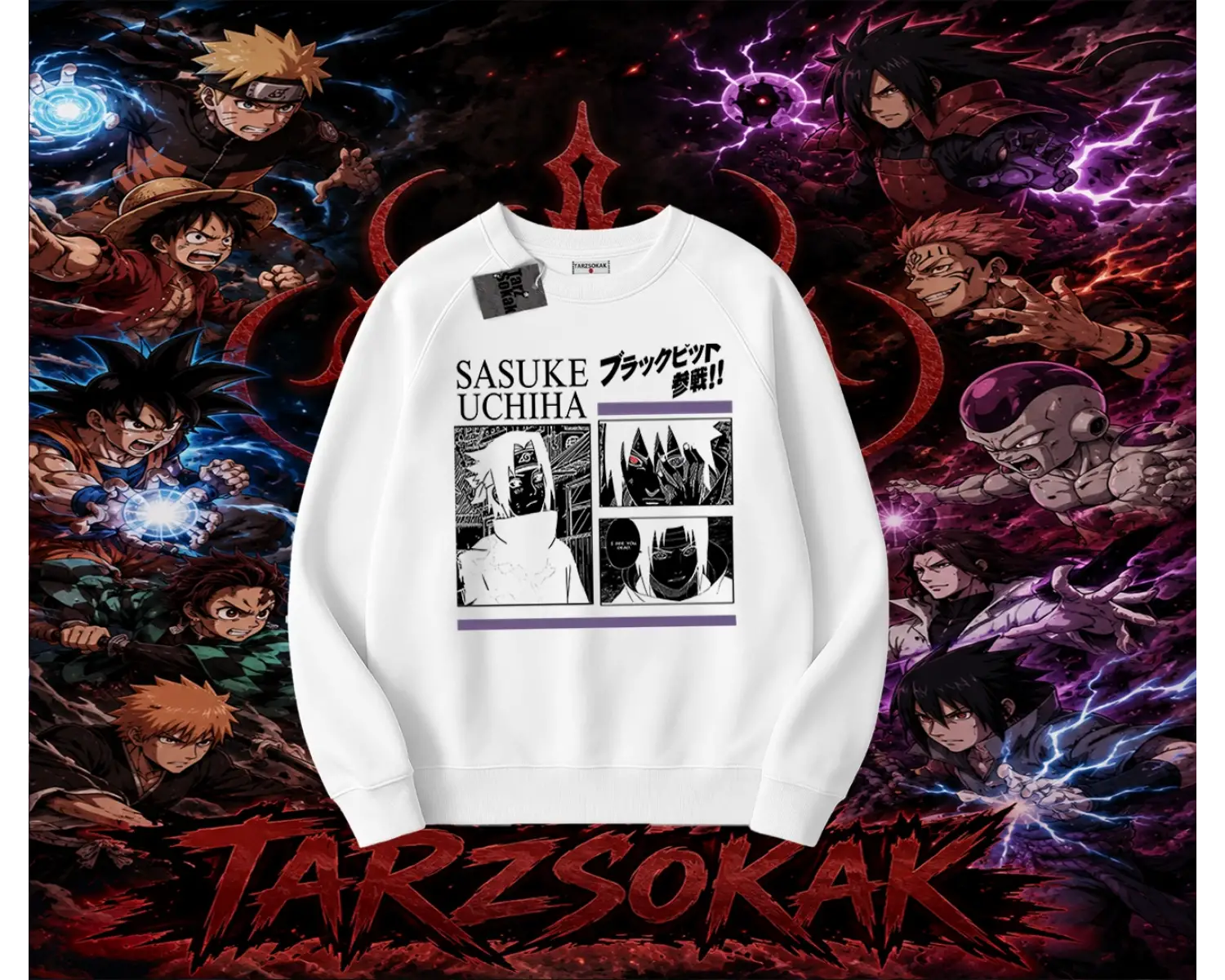 Sasuke uchiha Naruto Anime Karakter Oversize Unisex Bisiklet Yaka Sweatshirt Beyaz