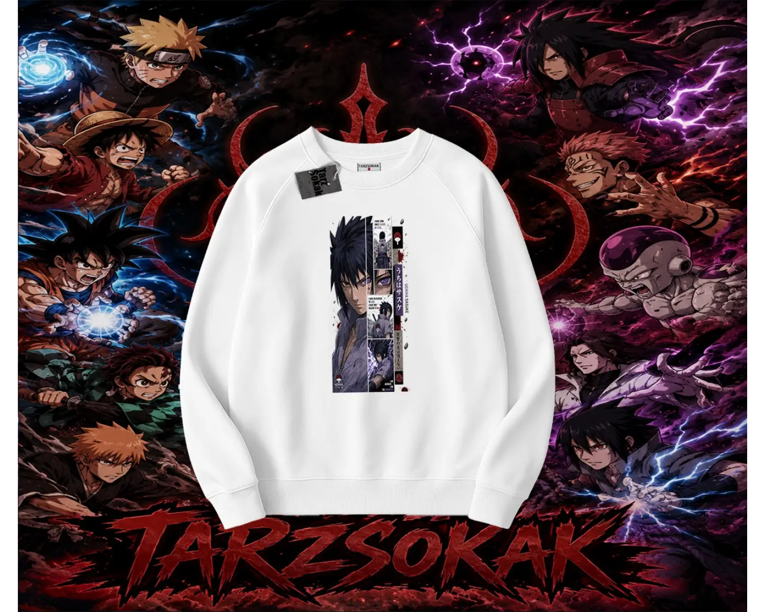 Sasuke uchiha Naruto Anime Karakter Oversize Unisex Bisiklet Yaka Sweatshirt Beyaz