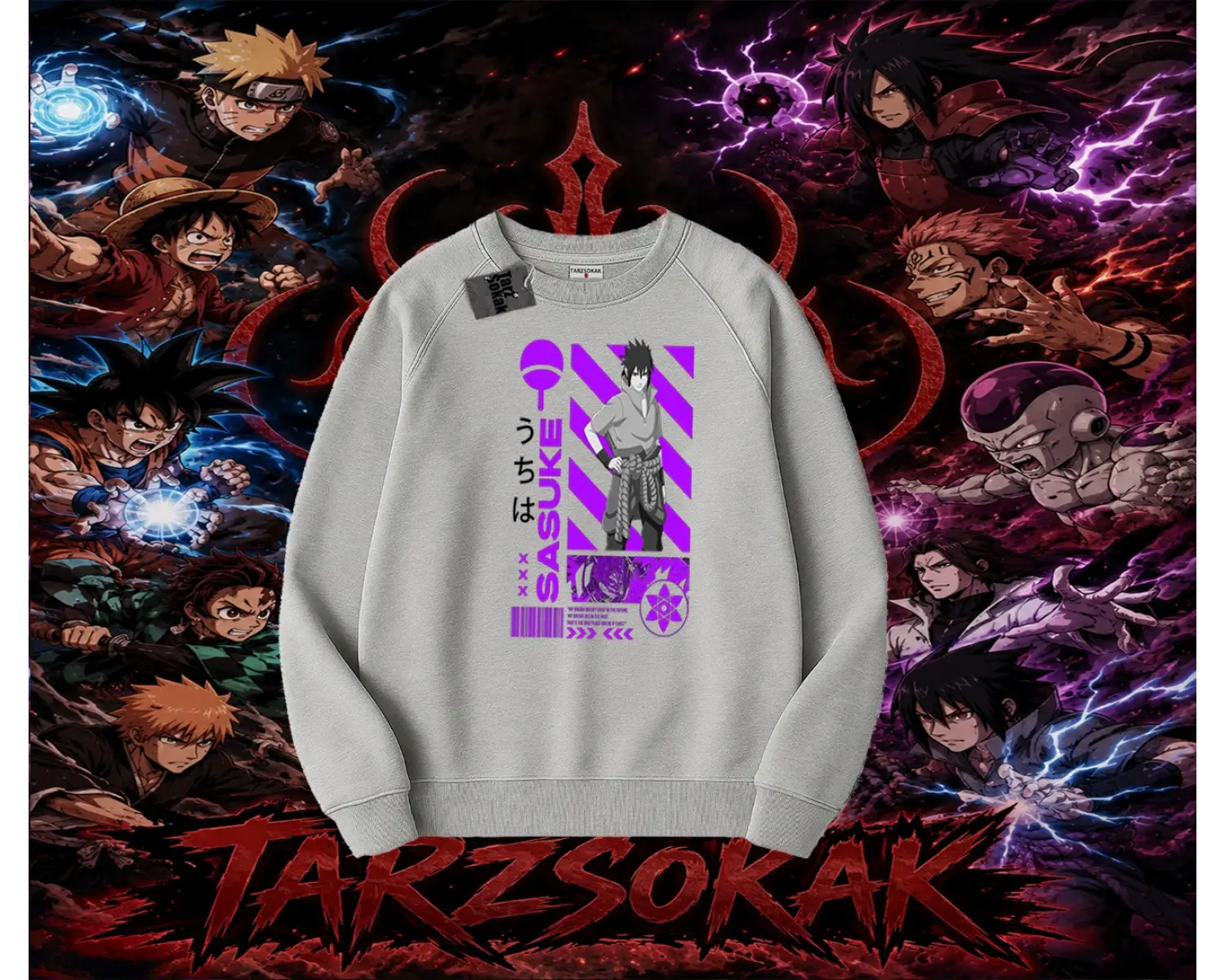 Sasuke uchiha Naruto Anime Karakter Oversize Unisex Bisiklet Yaka Sweatshirt Beyaz