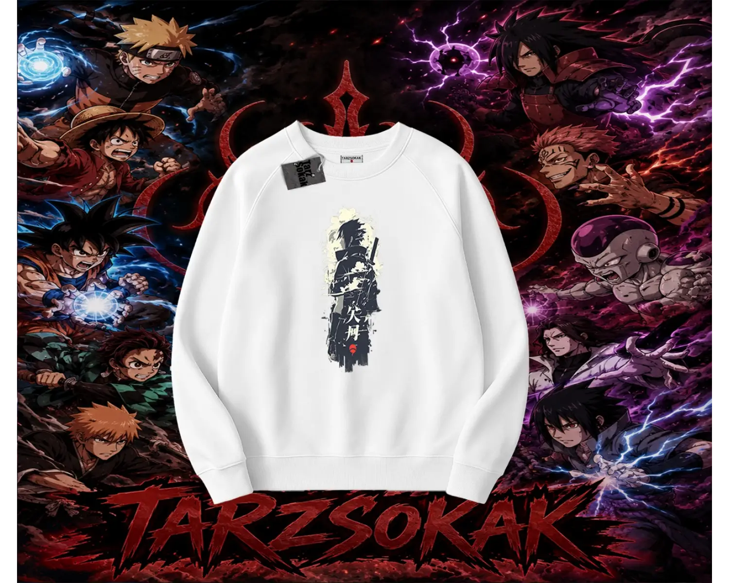 Sasuke uchiha Naruto Anime Karakter Oversize Unisex Bisiklet Yaka Sweatshirt Beyaz