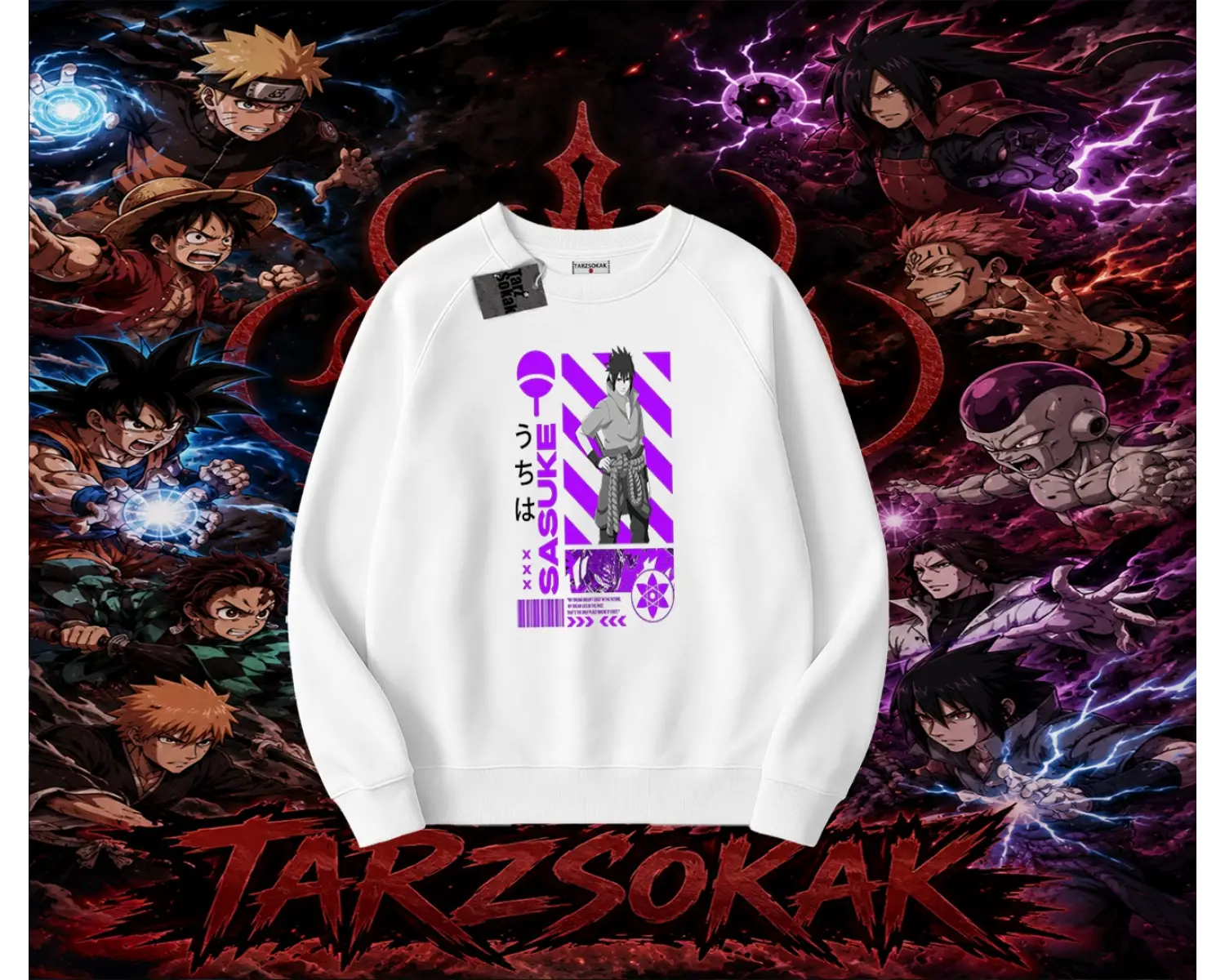 Sasuke uchiha Naruto Anime Karakter Oversize Unisex Bisiklet Yaka Sweatshirt Beyaz