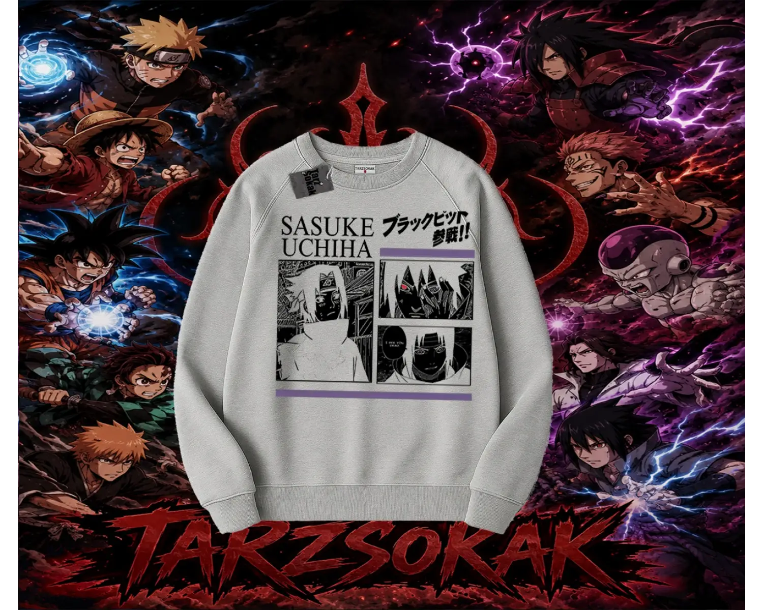 Sasuke uchiha Naruto Anime Karakter Oversize Unisex Bisiklet Yaka Sweatshirt Beyaz