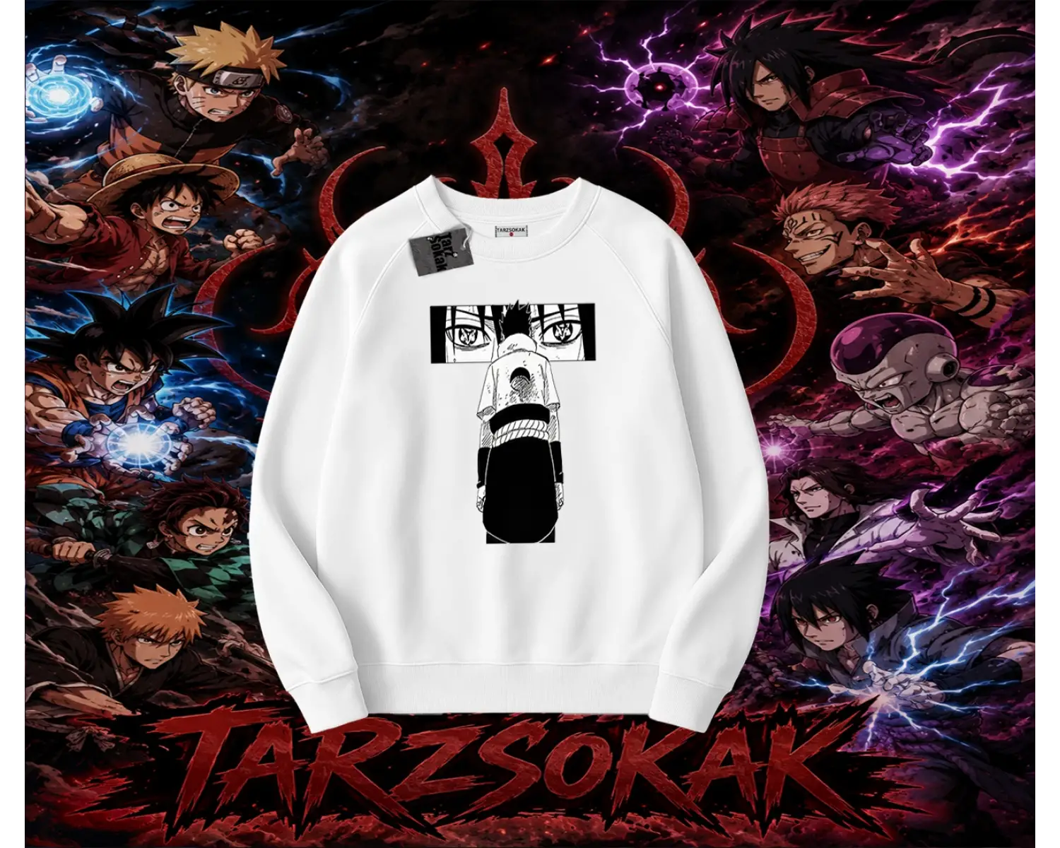 Sasuke uchiha Naruto Anime Karakter Oversize Unisex Bisiklet Yaka Sweatshirt Beyaz