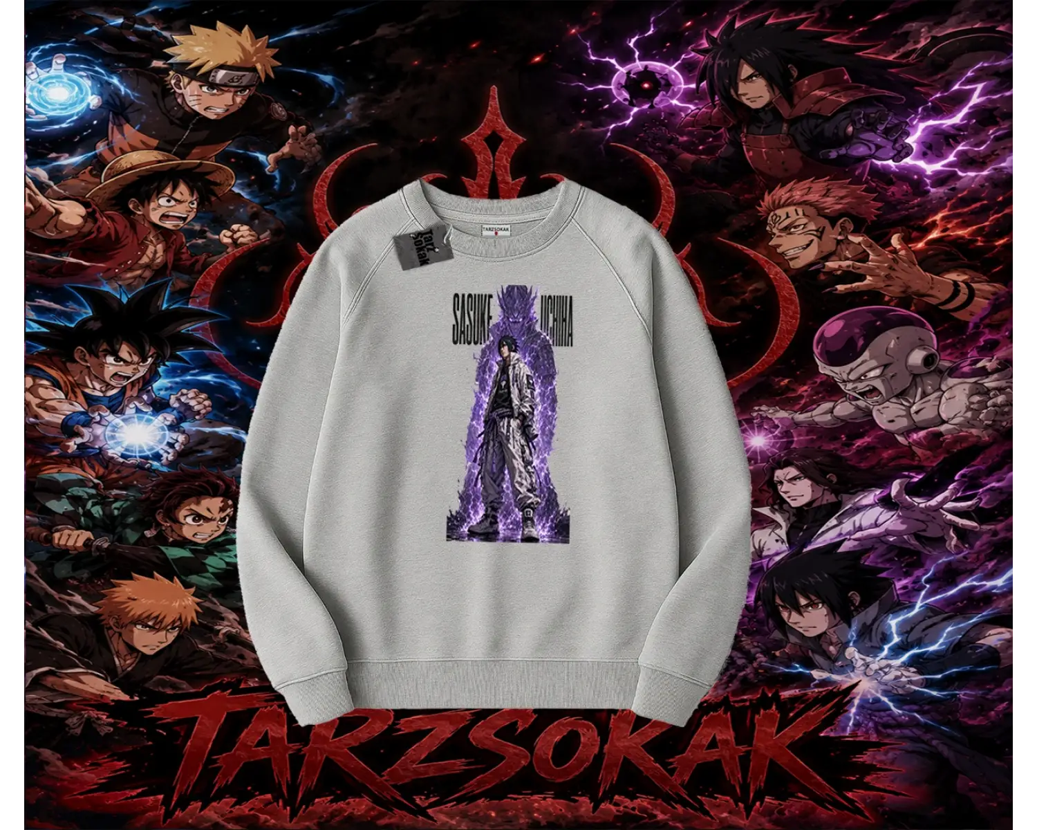 Sasuke uchiha Naruto Anime Karakter Oversize Unisex Bisiklet Yaka Sweatshirt Beyaz