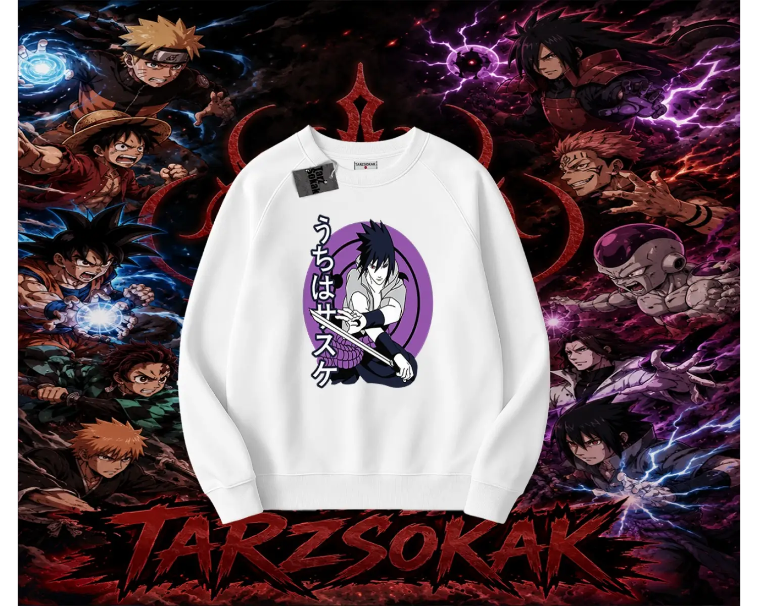 Sasuke uchiha Naruto Anime Karakter Oversize Unisex Bisiklet Yaka Sweatshirt Beyaz