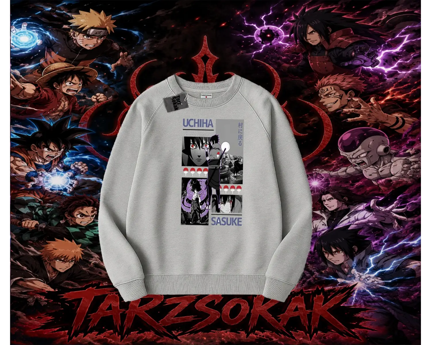 Sasuke uchiha Naruto Anime Karakter Oversize Unisex Bisiklet Yaka Sweatshirt Beyaz