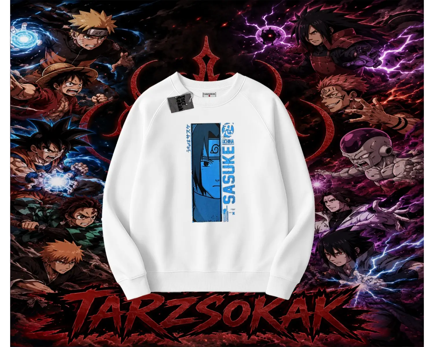 Sasuke uchiha Naruto Anime Karakter Oversize Unisex Bisiklet Yaka Sweatshirt Beyaz