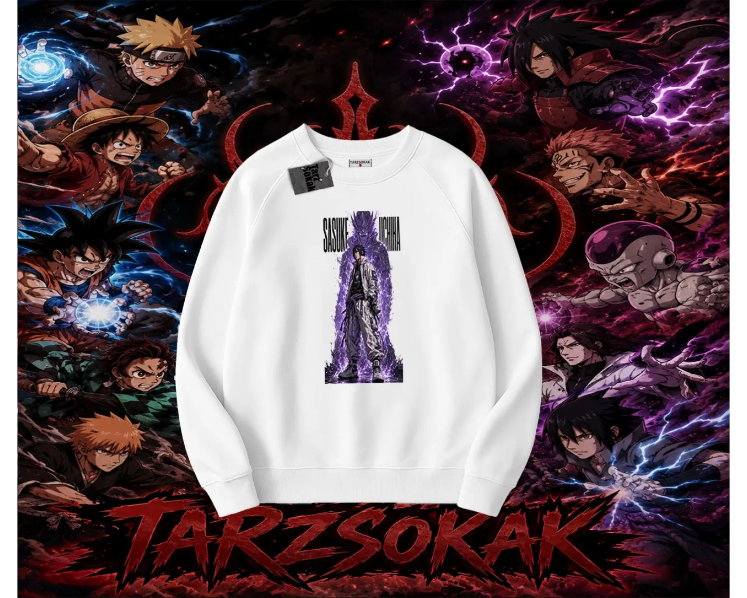 Sasuke uchiha Naruto Anime Karakter Oversize Unisex Bisiklet Yaka Sweatshirt Beyaz